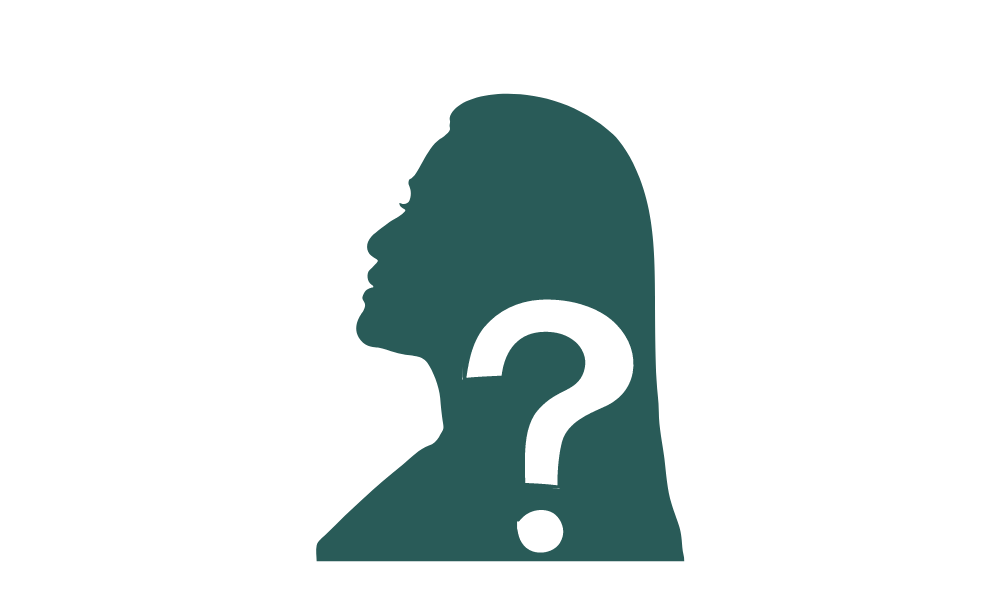 a woman with a question mark on face